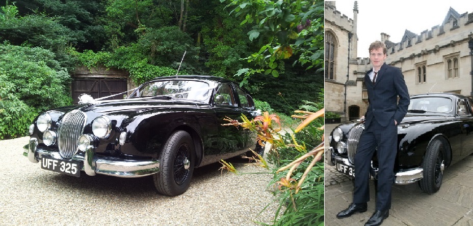 collage of two photos showing the black Jaguar Mk2 on the left and a photo of actor Shawn Evans leaning on the same classic Jaguar on the right