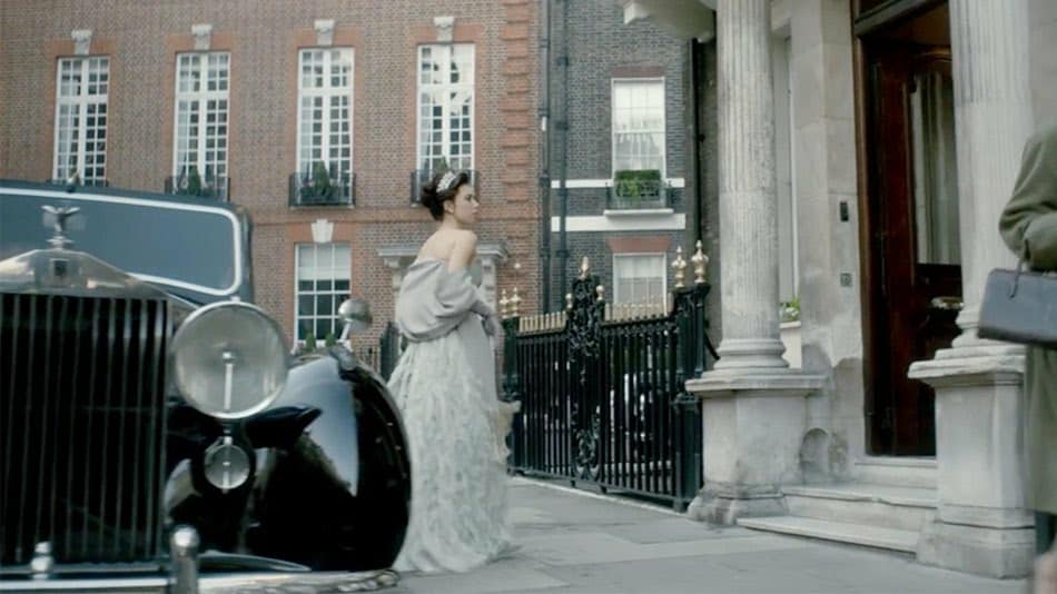 Young Queen in "The Crown" coming out of the Vintage Rolls-Royce