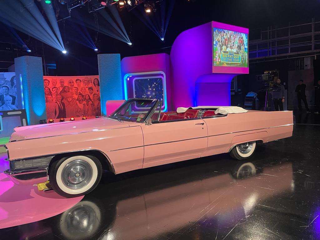 Pink Cadillac Convertible on the set of "Big Fat Quiz of the Year"