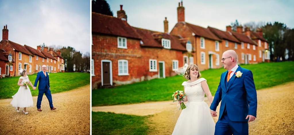 Bride and Groom walking holding hands on the path in the middle of Master Builders House