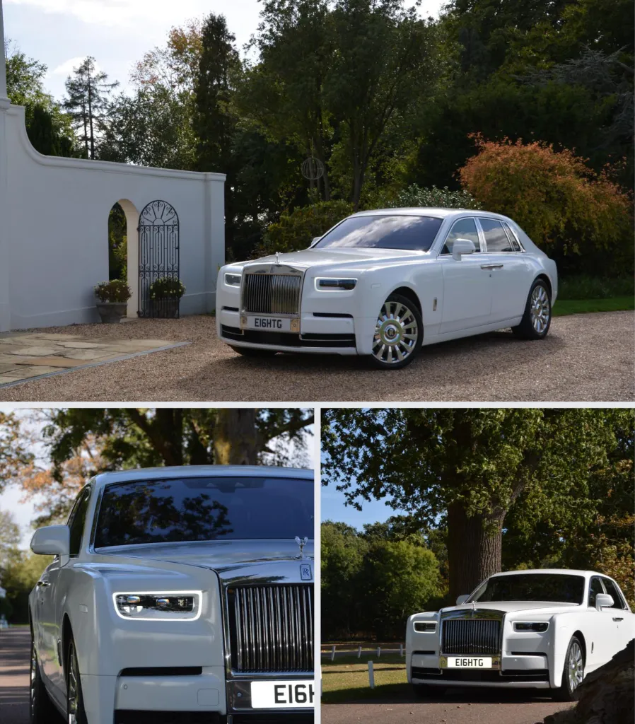 Collage of three photos of a luxurious and modern Rolls-Royce Phantom 8 in white