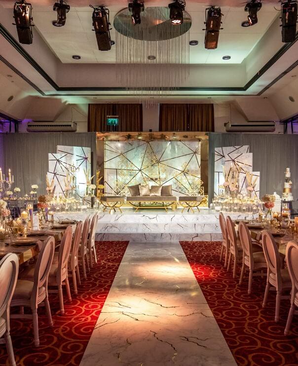 Banqueting room at the Cedar Court Hotel in Bradford with Red Carpet and Marble raised floor for the top table