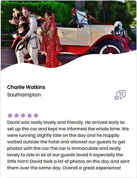 Screenshot of a real wedding review with a 5-star rating including the couple's photo on the day of their wedding