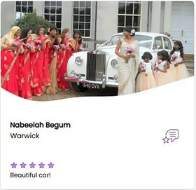 Screenshot of a short 5-star review with photo taken on the day of the wedding with Asian Bride and her Bridesmaids all wearing matching red dresses