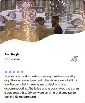 Screenshot of a 5-star review from a recent wedding showing Bride and Groom holding each others with a vintage Beauford in the background with flair