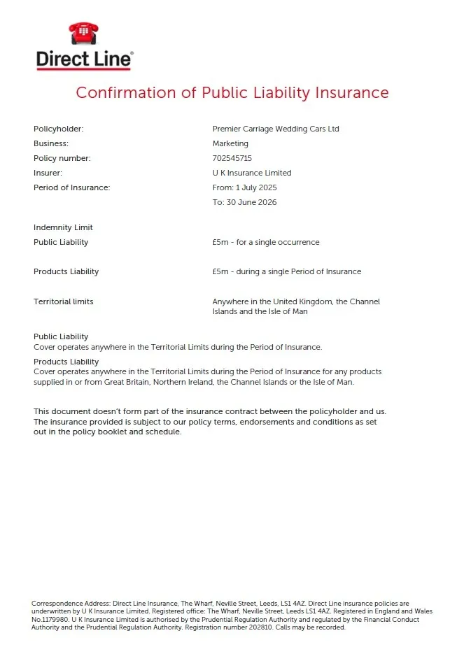 screenshot of Premier Carriage Wedding Cars Public Liability Insurance