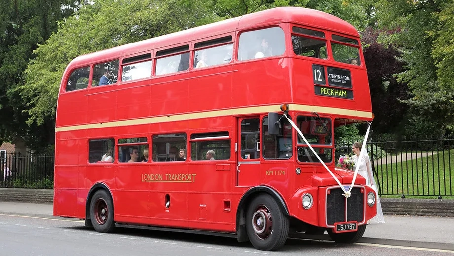 Vintage red double decker routemaster bus used for wedding at the Old Marylebone Town Hall in London