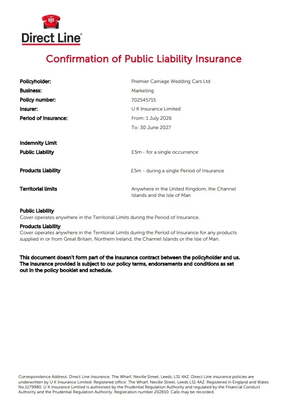 screenshot of Premier Carriage Wedding Cars Public Liability Insurance