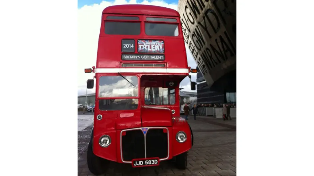 Front view of an old double decker London Routemaster Bus.