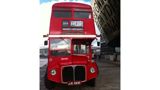 Front view of an old double decker London Routemaster Bus.