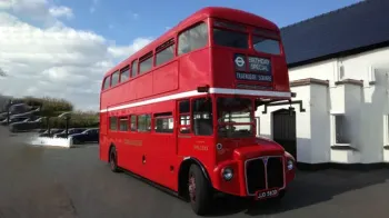 Right side view of London Routemaster Bus without wedding ribbons