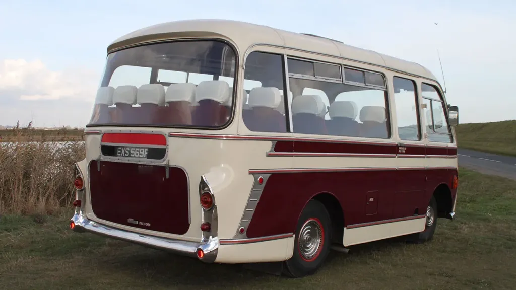 Rear view of classic single decker Bedford single Decker bus in cream and Burgundy