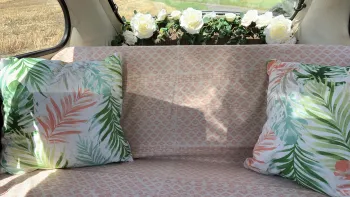 Volkswagen Beetle rear interior with wedding cushions