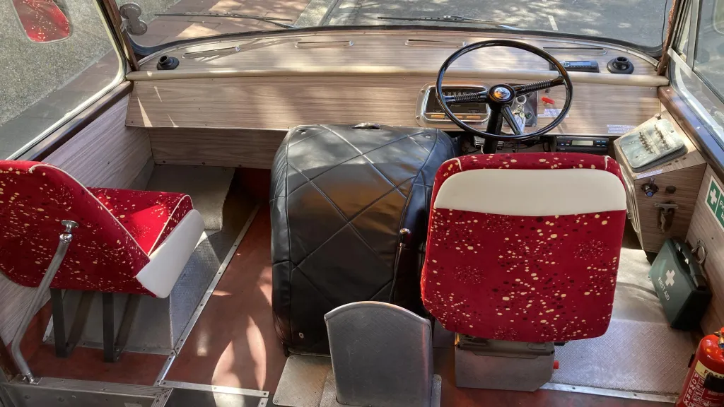 Front driver's seat inside a classic single decker bedford Bus