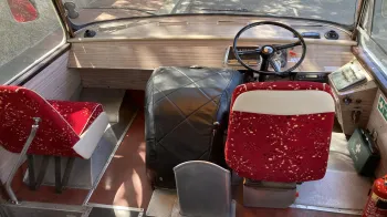 Front driver's seat inside a classic single decker bedford Bus