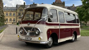 Bedford J2 Plaxton Embassy in Cream and Burgundy decorated with wedding ribbons