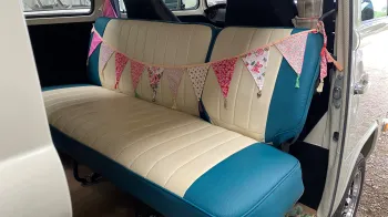 Volkswagen Bay Window Campervan interior in Cream and Turquoise Blue Leather