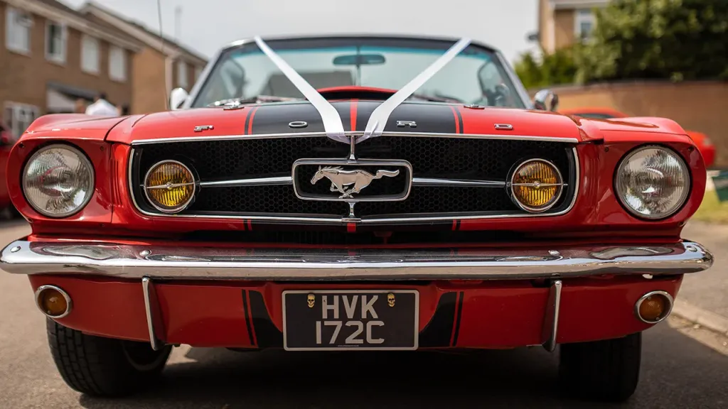 Front view of Ford Mustang grill showing the Mustang logo