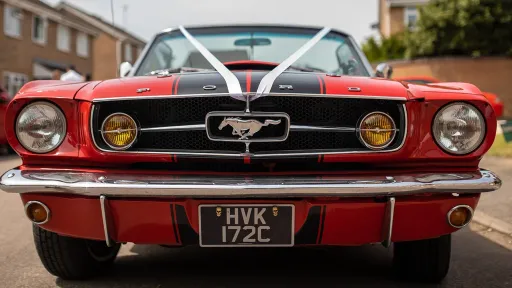 Front view of Ford Mustang grill showing the Mustang logo