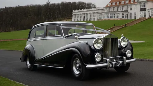Rolls-Royce silver Wraith LWB decorated with wedding ribbons