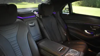 Mercedes S-Class rear black leather interior seats with purple illuminated LED lights
