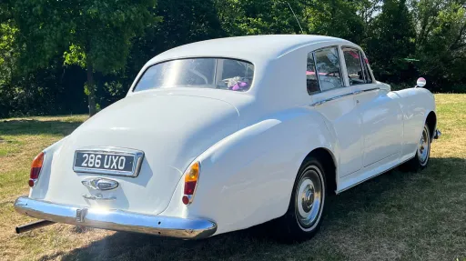 Right side rear view of White Rolls-Royce Silver Cloud II
