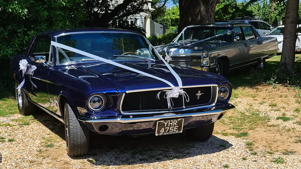 Ford Mustang Coupe decorated with white ribbon and bow on its front gril