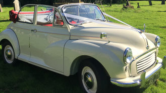 Morris Minor Convertible wedding car for hire in Usk, South Wales