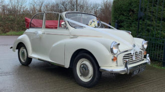 Morris Minor 1000 Convertible wedding car for hire in Bideford, Devon